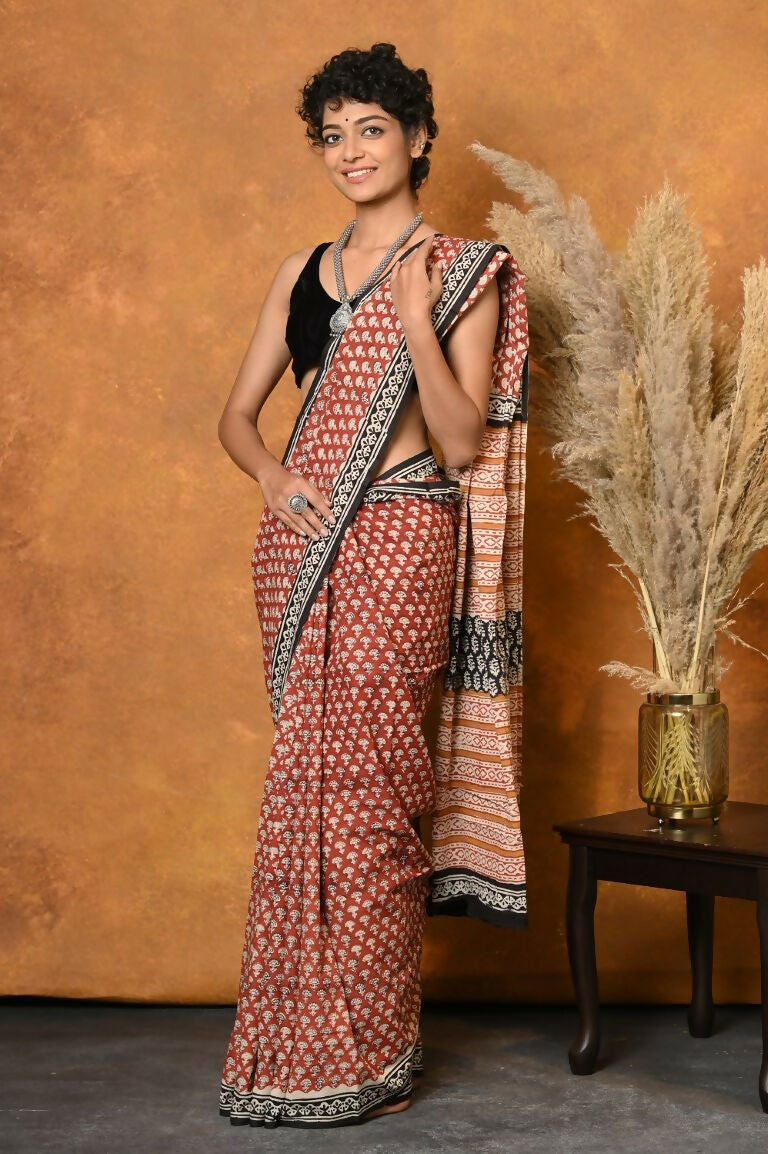 Very Much Indian Handblock Printed Cotton Saree With Natural Dyes - Orange | Grocsy