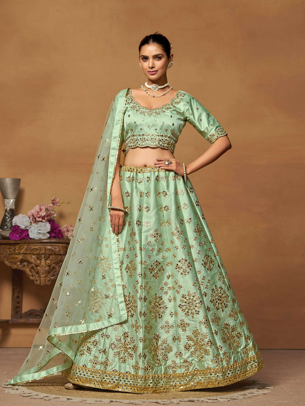 Pista Green Mulberry Silk Foil Paper Mirror Work Lehenga Choli - Jihu Culture | Grocsy
