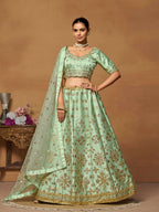 Pista Green Mulberry Silk Foil Paper Mirror Work Lehenga Choli - Jihu Culture | Grocsy