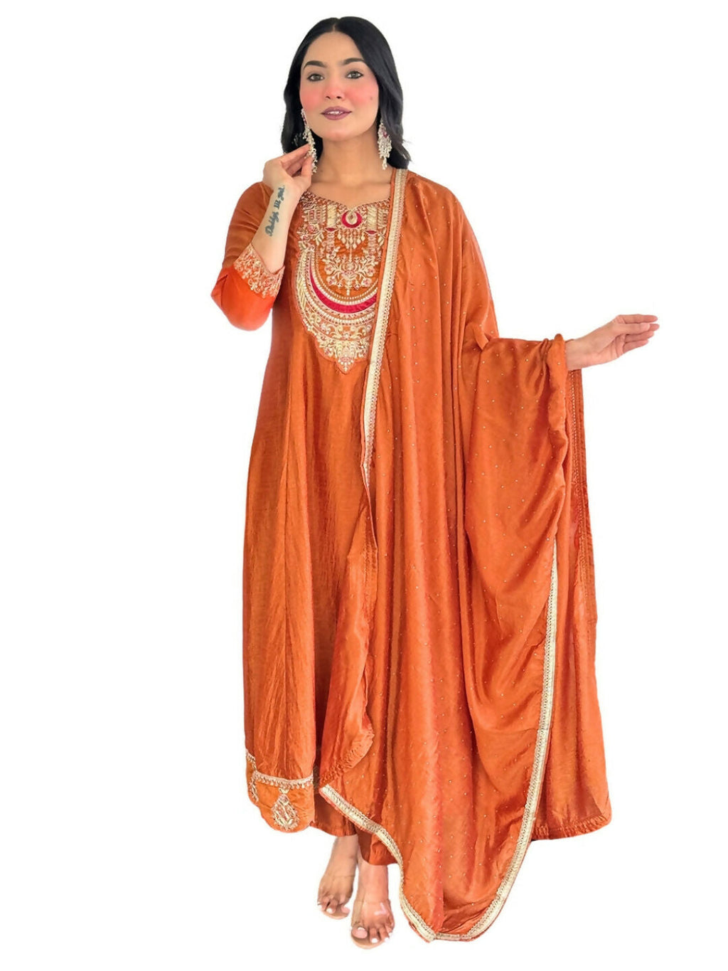 The52 Rust Women's Gorgeous Embroidered Vichitra Silk Fabric Flared Kurta, Pant and Dupatta Set | Grocsy