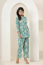 Kaajh Women's Turqouise Gold Print Cotton Co-ord Set | Grocsy