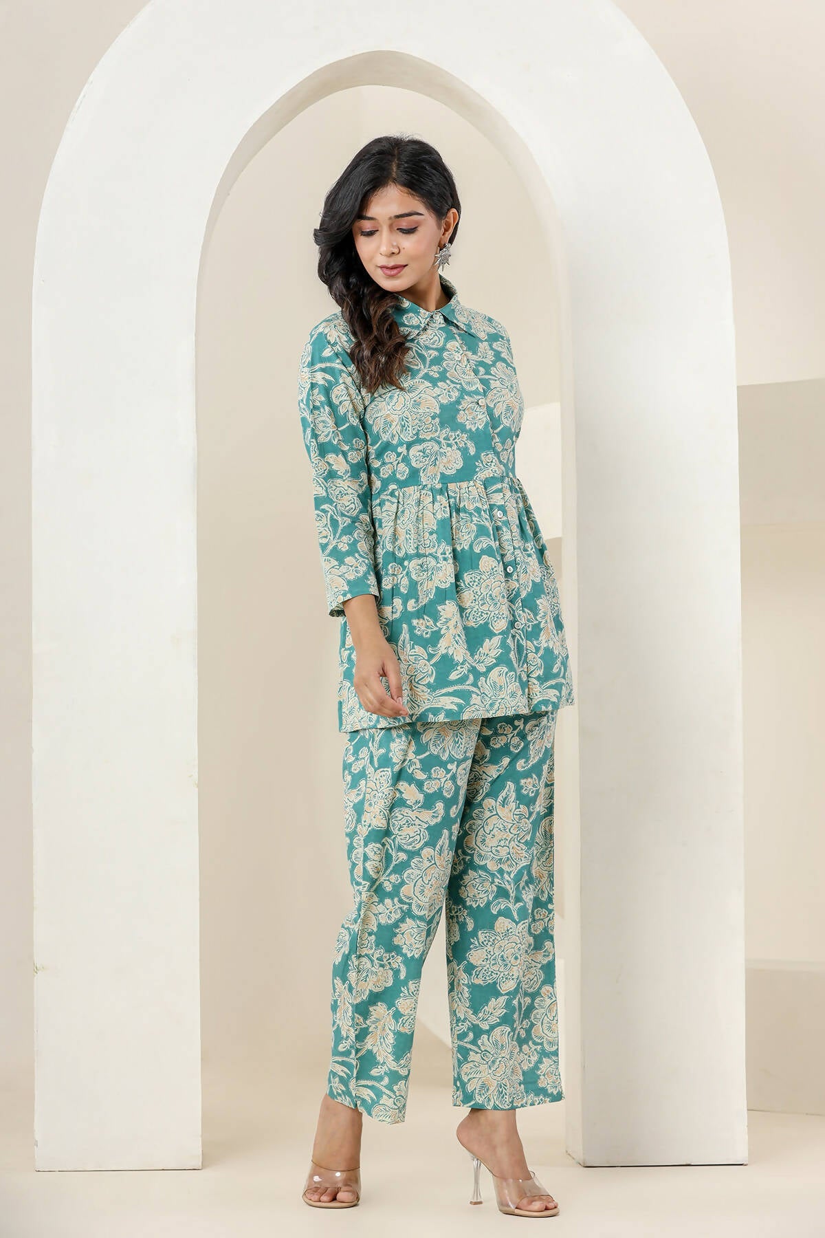 Kaajh Women's Turqouise Gold Print Cotton Co-ord Set | Grocsy