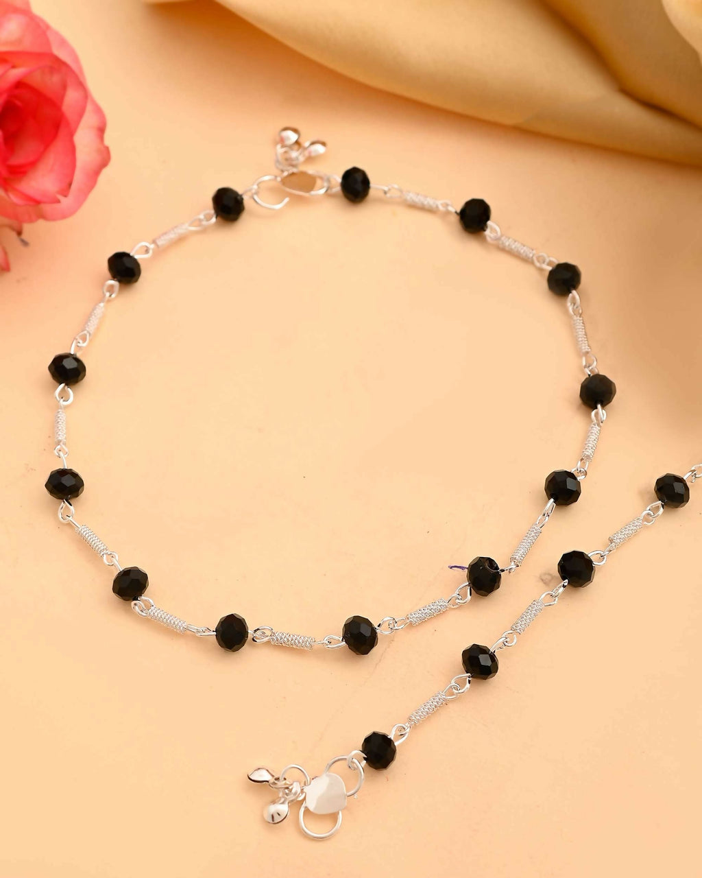 VOJ Set of 2 Silver Plated With Black Beads Anklet | Grocsy