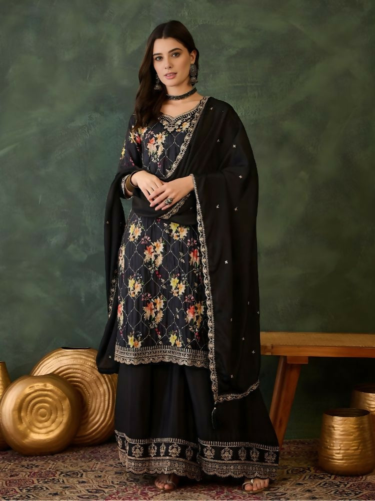 The52 Women's Gorgeous Embroidery Chinon Fabric Straight Kurta Palazzo and Dupatta Set | Grocsy