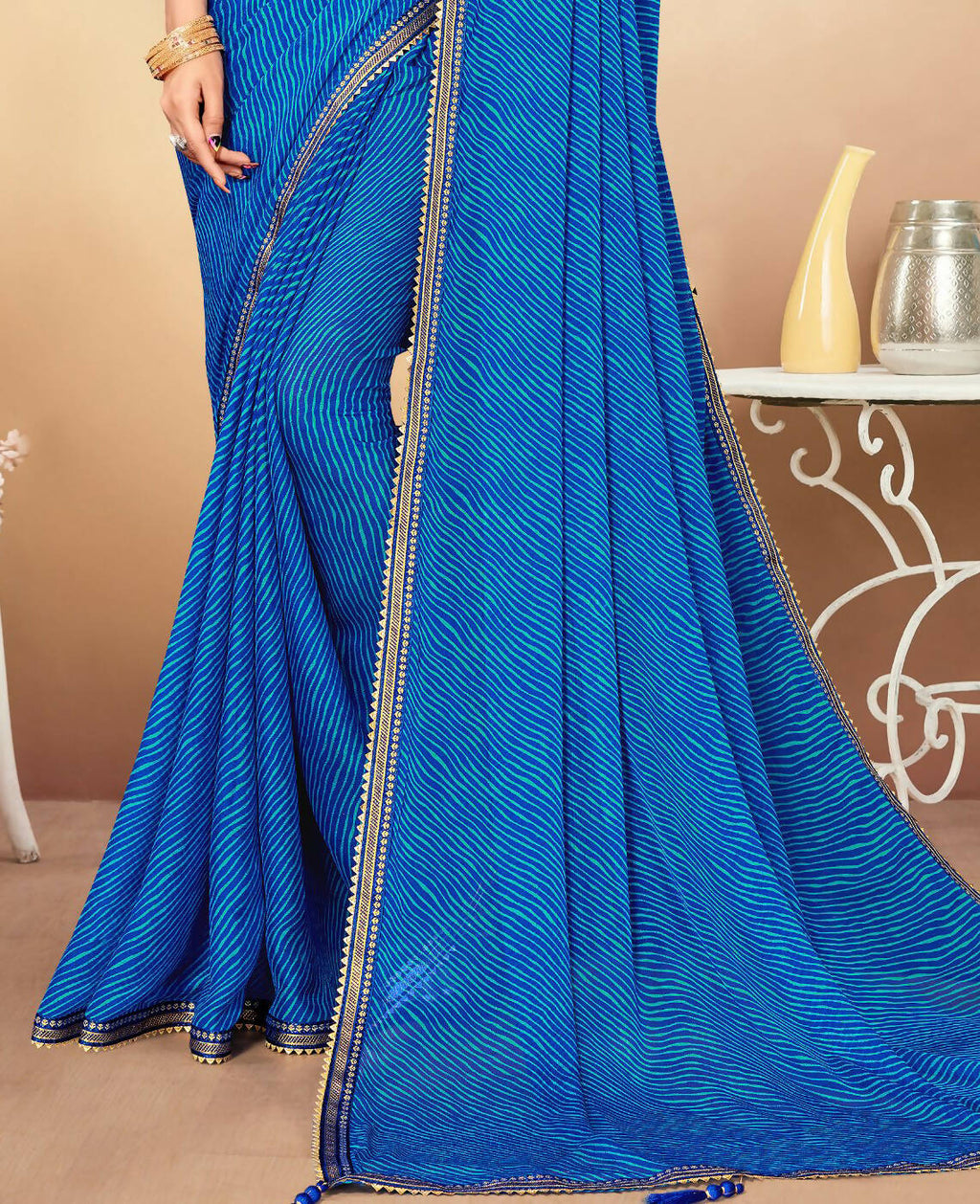 Blue Chiffon Leheriya Printed Saree With Unstitched Blouse Piece - Swarna | Grocsy