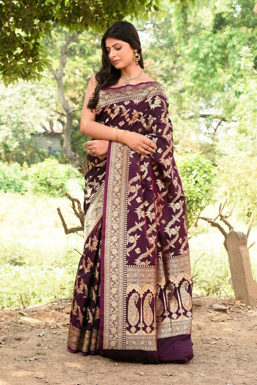 Joban Fashion Wine Banarasi Soft Pure Handloom Banarasi Silk Saree | Grocsy