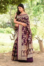 Joban Fashion Wine Banarasi Soft Pure Handloom Banarasi Silk Saree | Grocsy