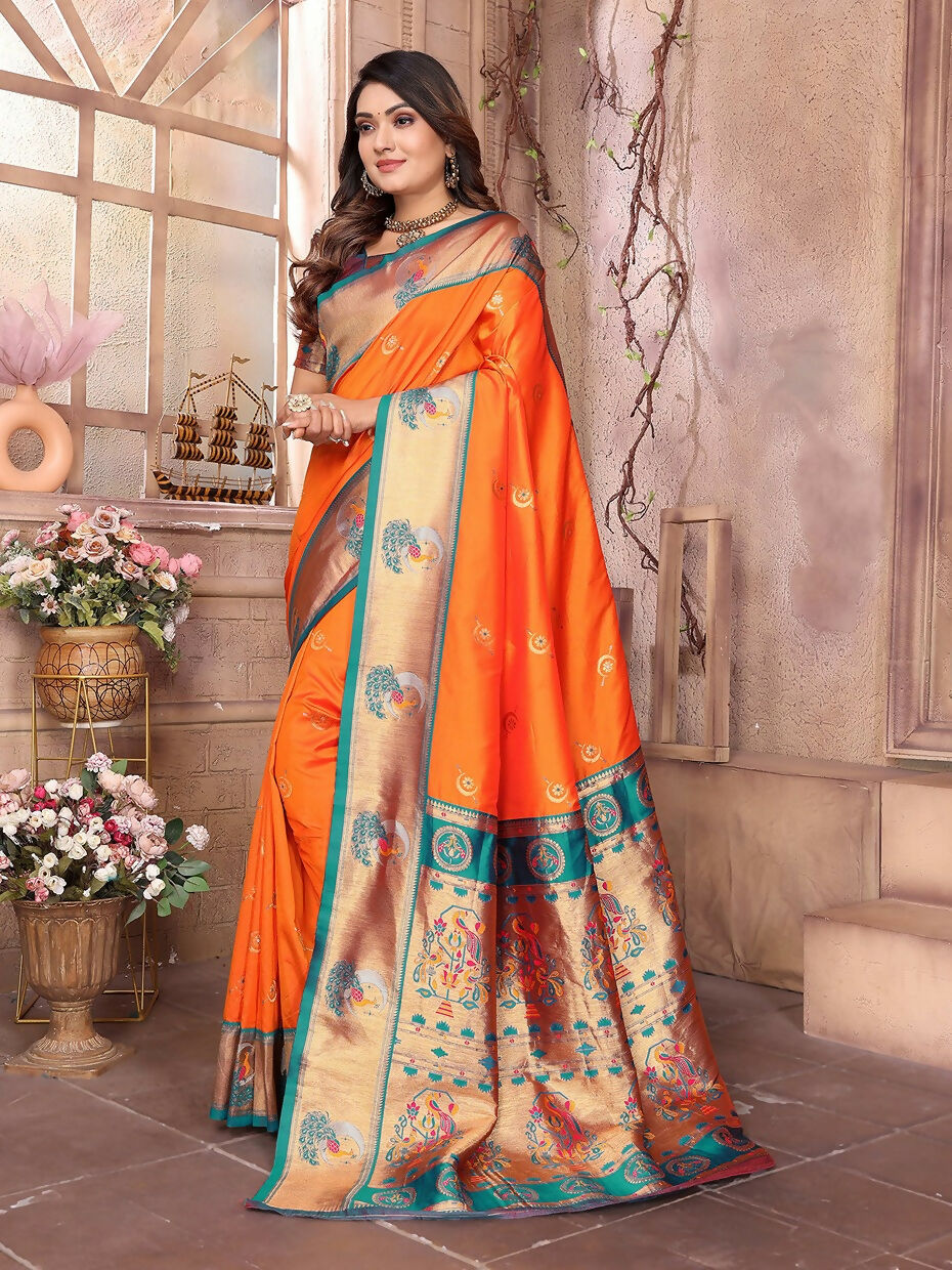 Joban Fashion Paithani Orange Woven Soft Silk Saree | Grocsy