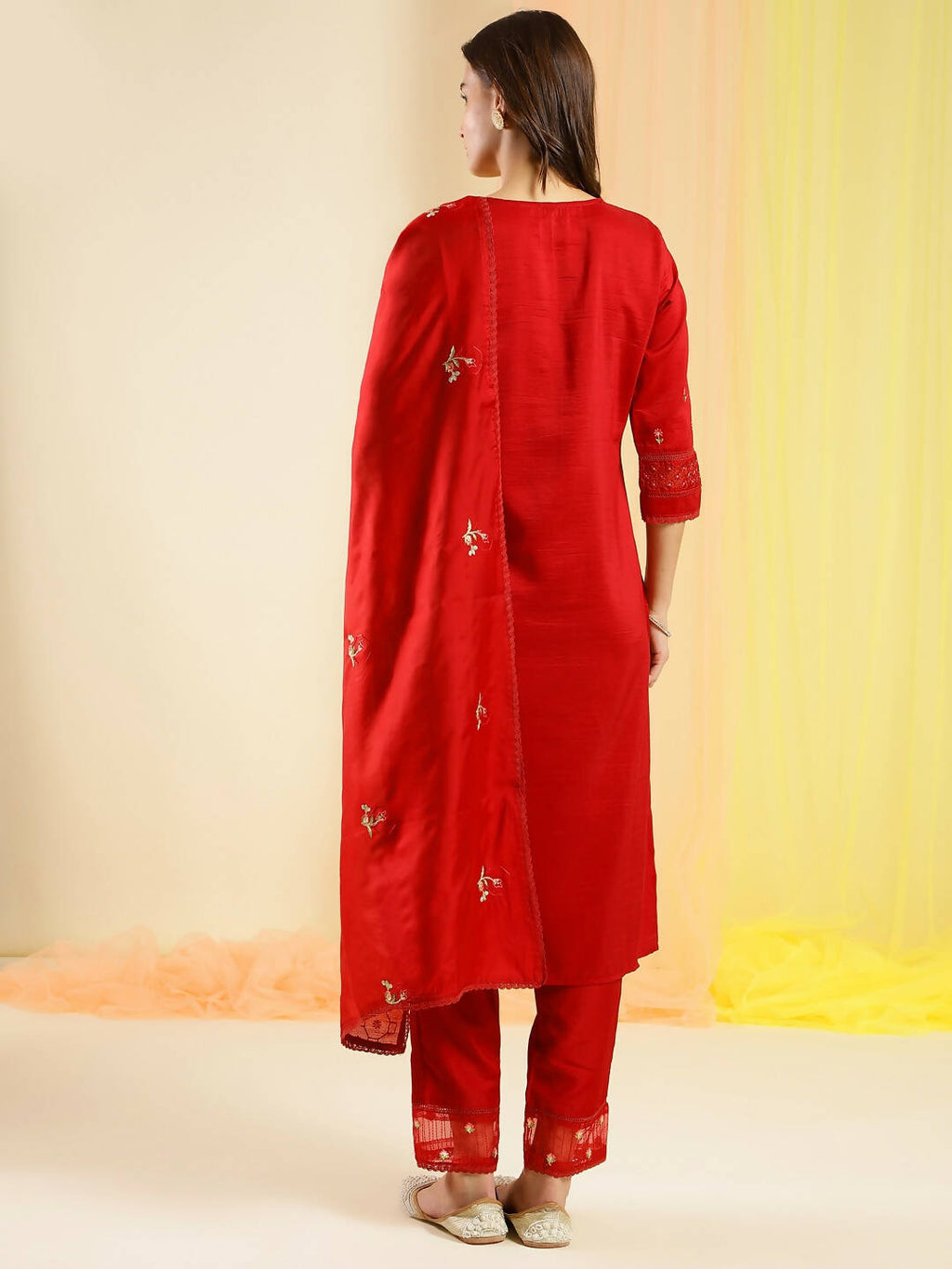Red Chinon Embroidered Straight Kurta with Trouser & Dupatta - Salimar | Grocsy