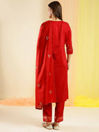 Red Chinon Embroidered Straight Kurta with Trouser & Dupatta - Salimar | Grocsy