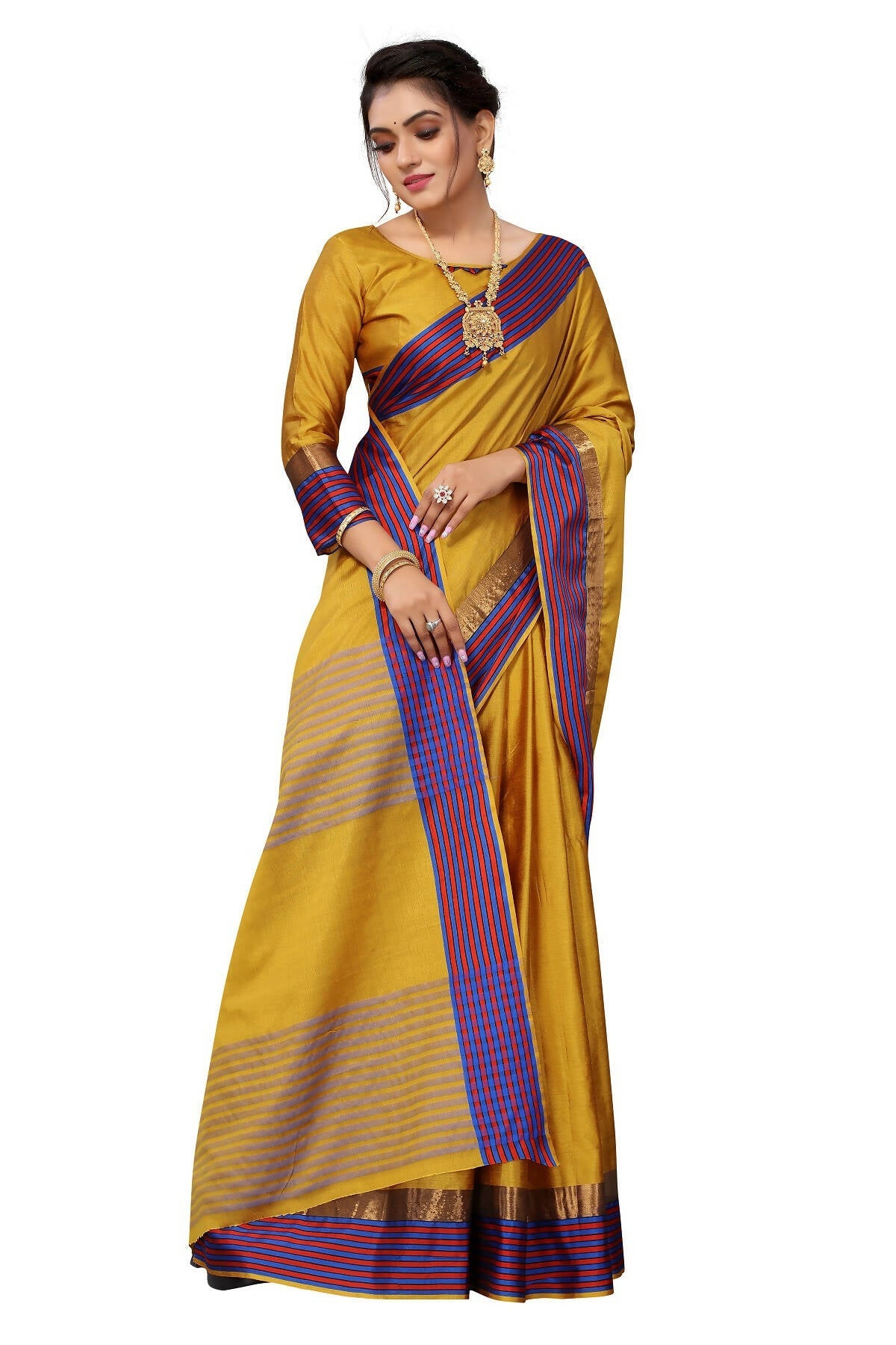 Vamika Ethnic Fire Mustard Cotton Silk Saree | Grocsy