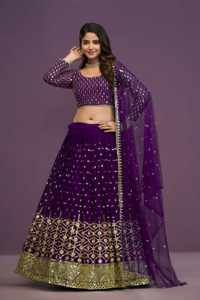 Purple Georgette Embroidery Sequence Work Lehenga Choli Set - Jihu Culture | Grocsy