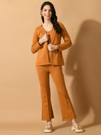 Myshka Women's Mustard Solid Coat With Trousers | Grocsy