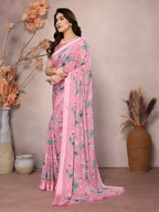Designer Partywear Pink Bright Moss Satin Patta Fancy Saree - Kanak | Grocsy