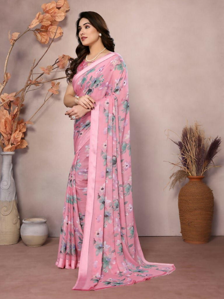Designer Partywear Pink Bright Moss Satin Patta Fancy Saree - Kanak | Grocsy