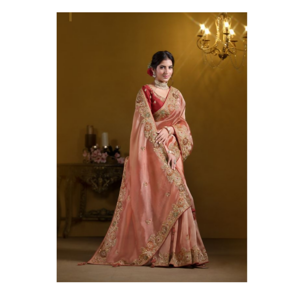 Orange Pure Twill Tissue Pure Khatli work Designer Saree With Blouse. - Rajasvi | Grocsy