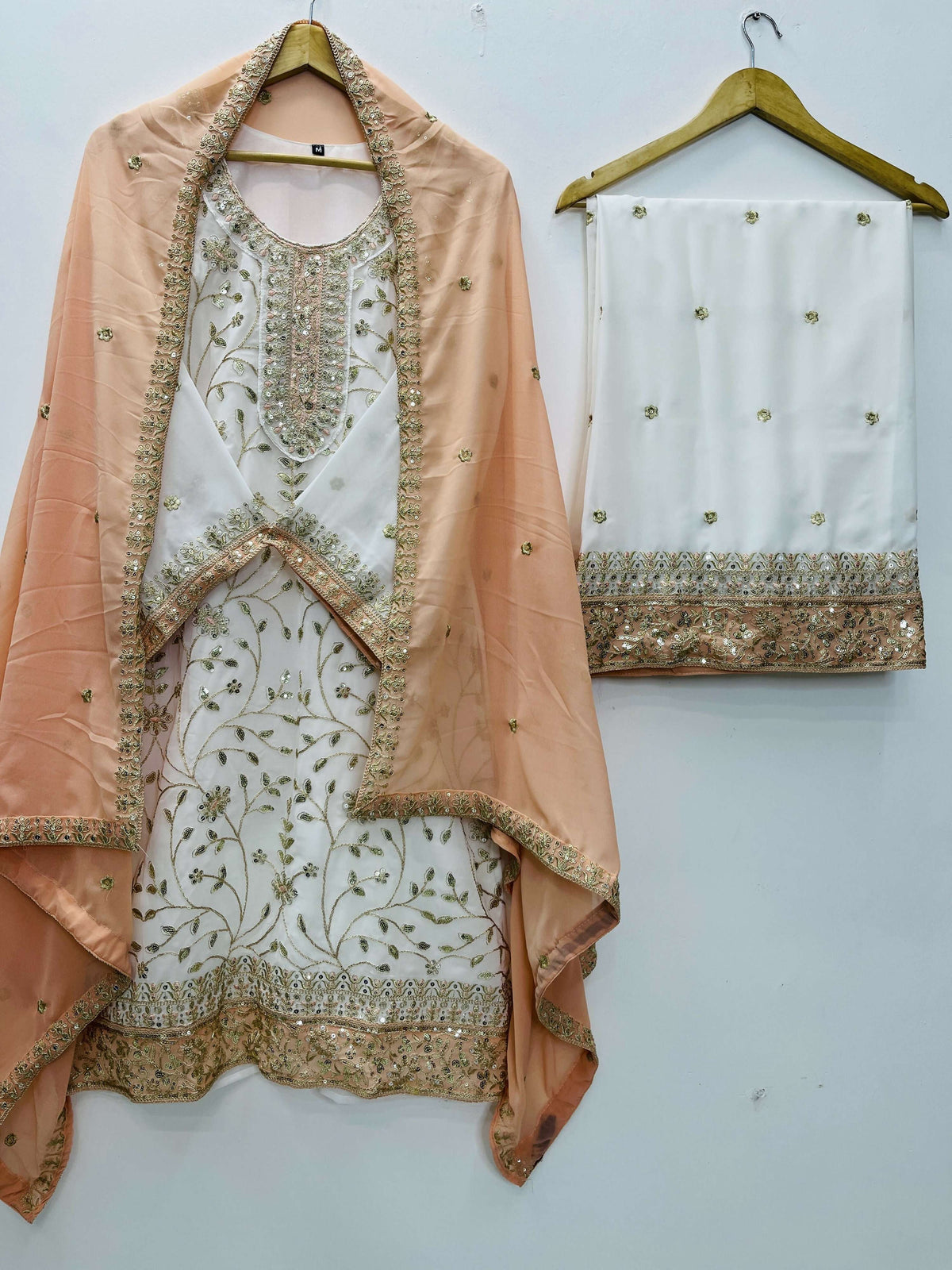 Teeya Creation White Color Faux Georgette Embroidery Work Long Party Wear Palazzo Suit | Grocsy