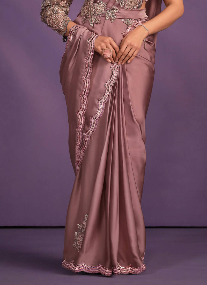 Pyaji Crepe Satin Silk Embroidered Saree With Stitched Blouse - Mohmanthan Exotica | Grocsy