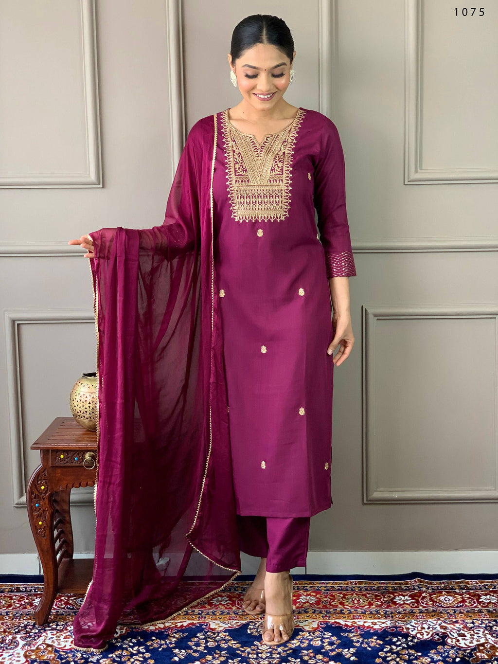 Partywear Designer Rayon Slub Wine Stitched Suit With Dupatta - Tanisha | Grocsy