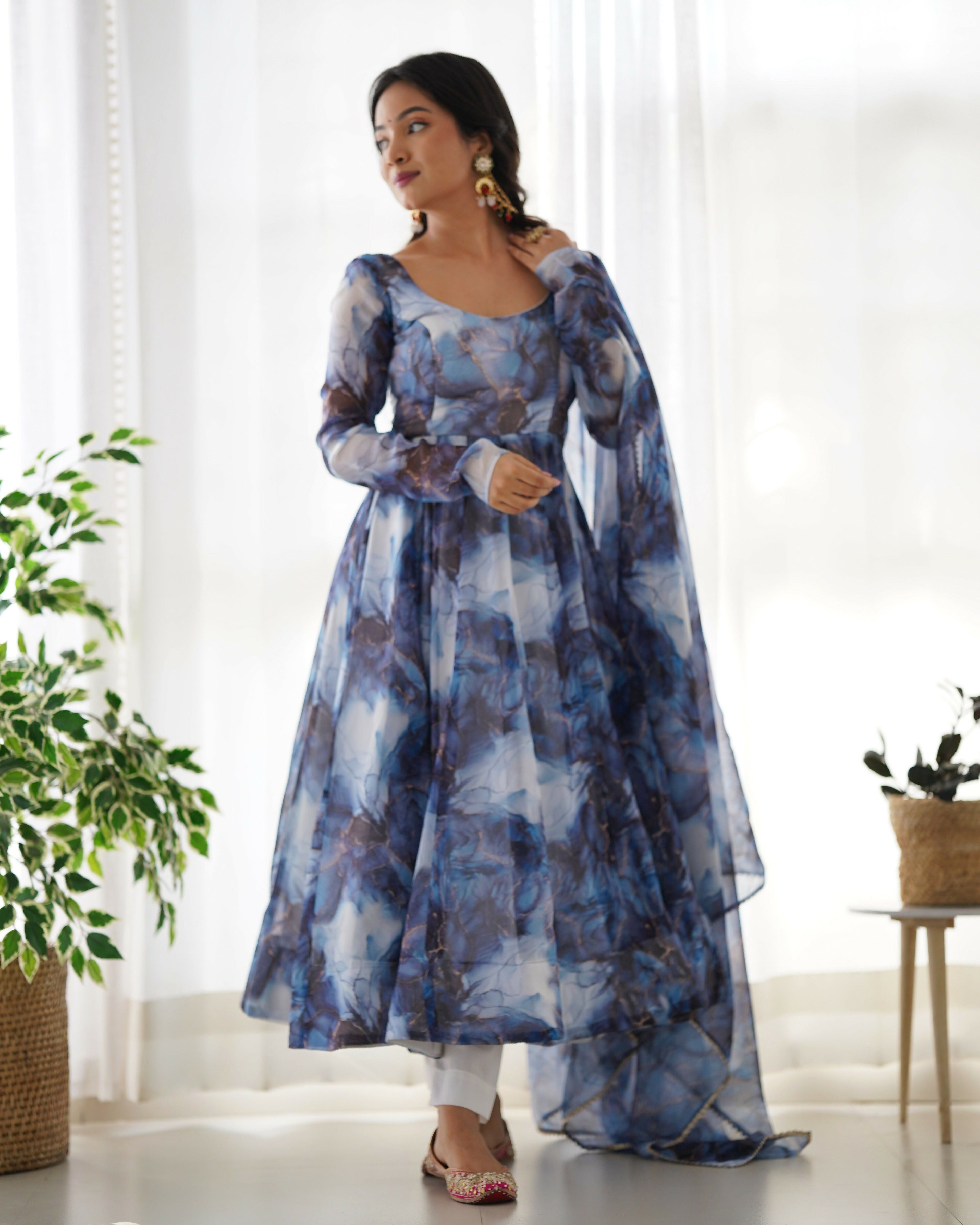 Joban Fashion Navy Blue Kurta Set Organza Sequin Embroidery Work | Grocsy
