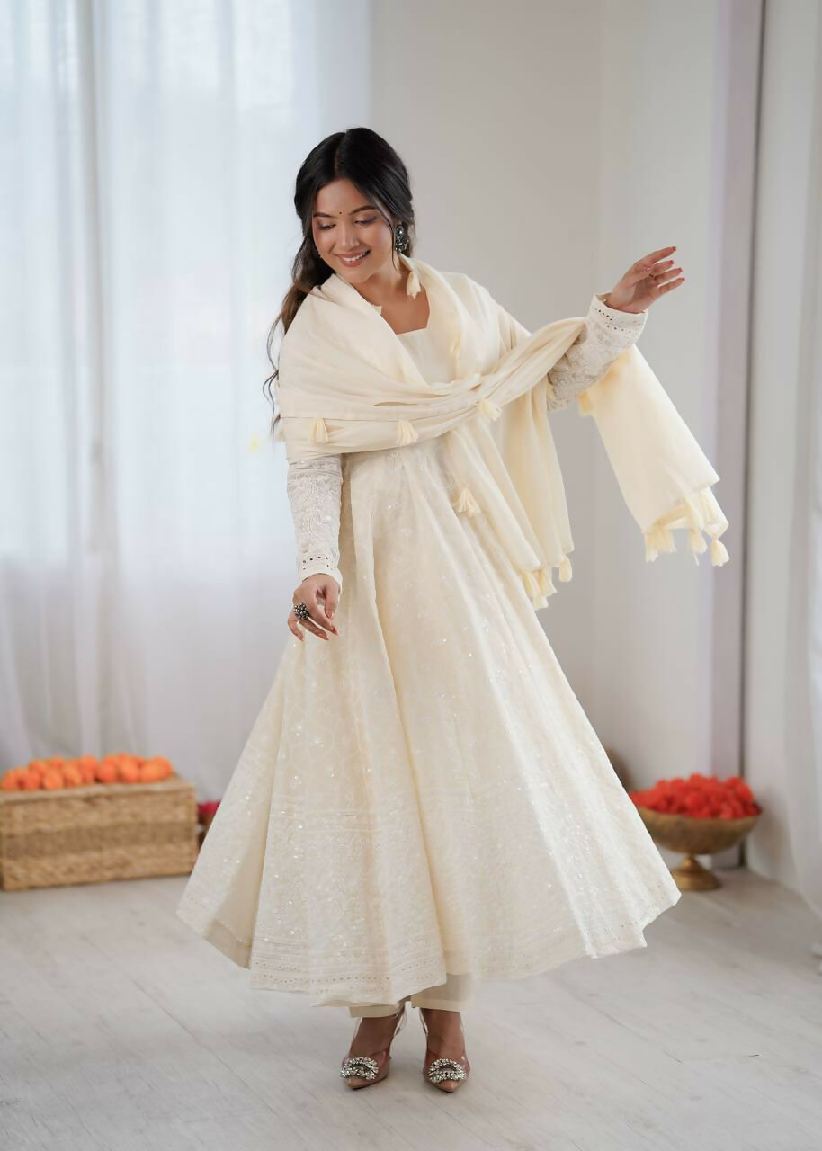 Teeya Creation Cream Kora Cotton Designer Embroidery Work long Gown | Grocsy
