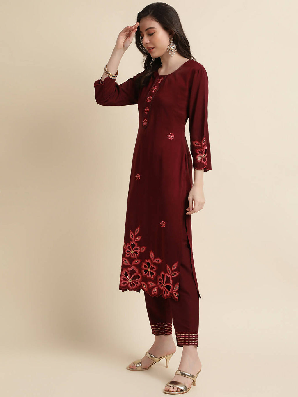 Maroon Chinon Silk Embroidered Straight Kurta with Trouser & Dupatta - Salimar | Grocsy