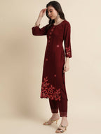 Maroon Chinon Silk Embroidered Straight Kurta with Trouser & Dupatta - Salimar | Grocsy