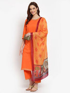 Myshka Women's Orange Solid Cotton 3/4 Sleeve Round Neck Casual Kurta Pant Dupatta Set | Grocsy