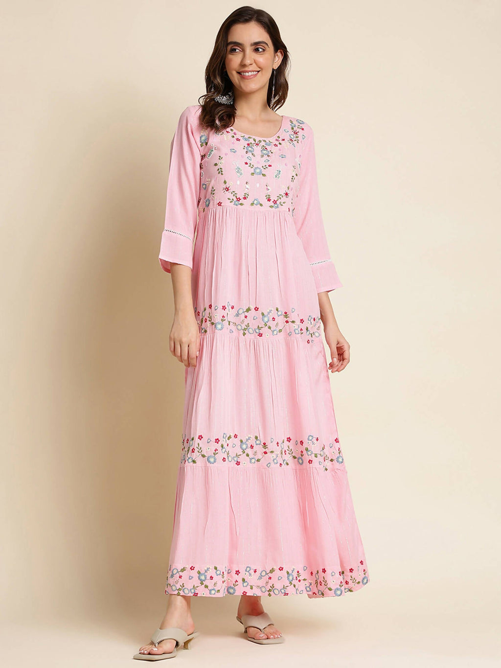 Pink Chinon Floral Embroidered Dress - Nandani | Grocsy