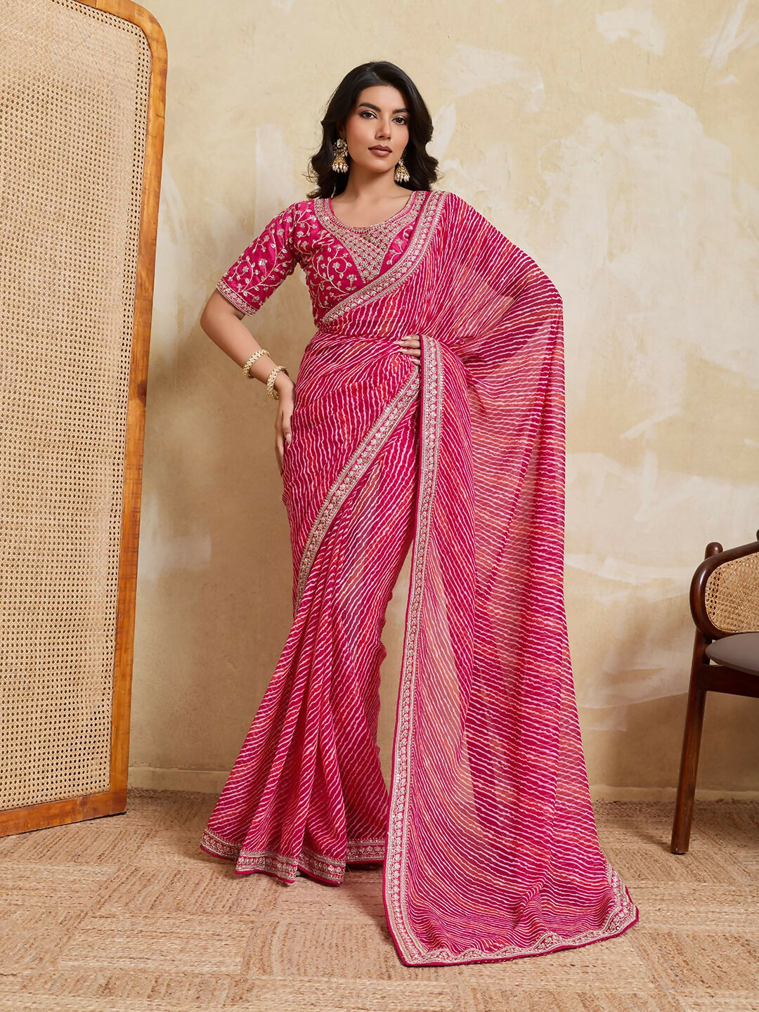 Teeya Creation New Trendy Leheriya Bandhani Georgette Saree For Daily Wear -Pink | Grocsy