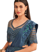 Navy Blue Satin Embroidered Ready To Wear Saree With Unstitched Blouse Piece - Nandika | Grocsy