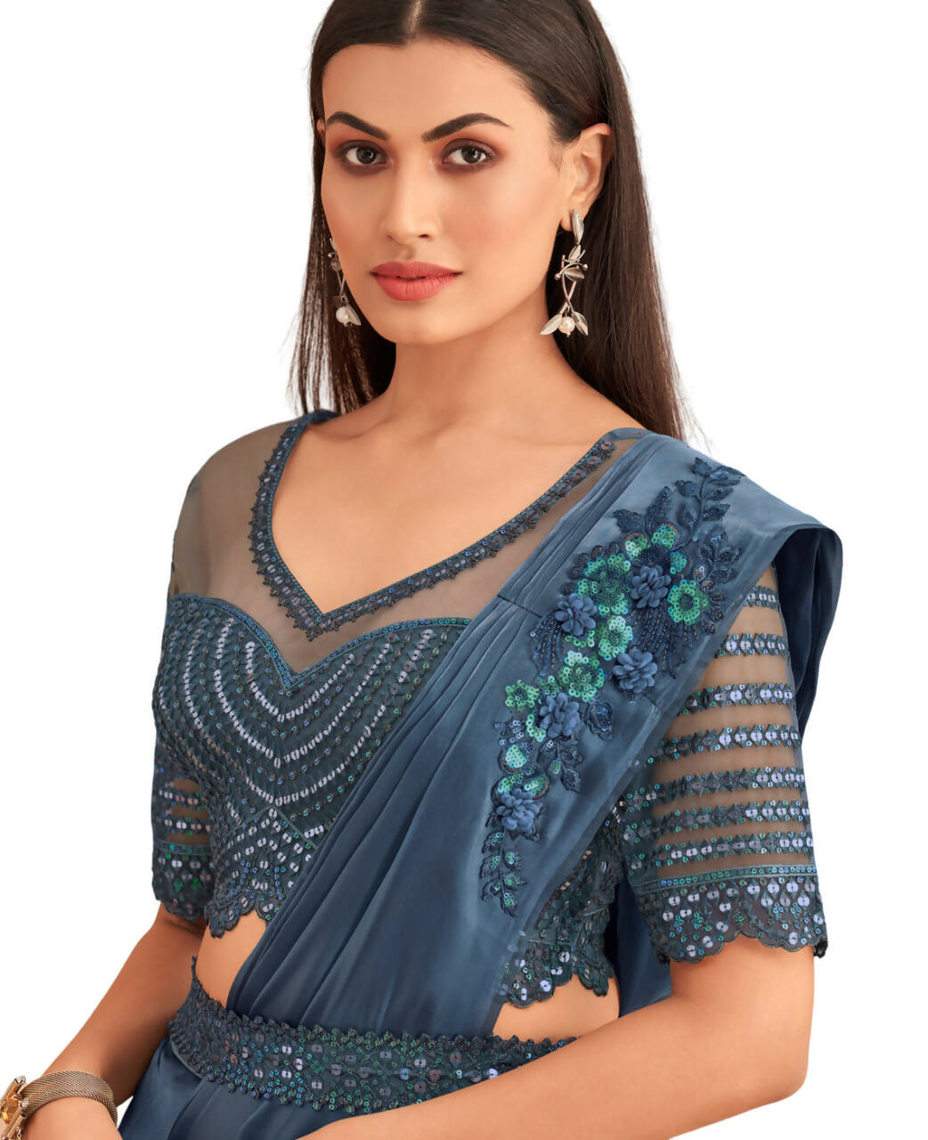 Navy Blue Satin Embroidered Ready To Wear Saree With Unstitched Blouse Piece - Nandika | Grocsy