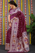 Jyoti Fashion Women's Wine Banarasi Silk Zari Woven Saree with Blouse | Grocsy