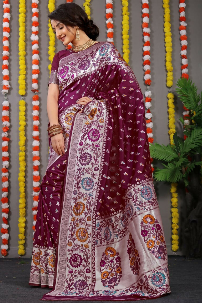 Jyoti Fashion Women's Wine Banarasi Silk Zari Woven Saree with Blouse | Grocsy