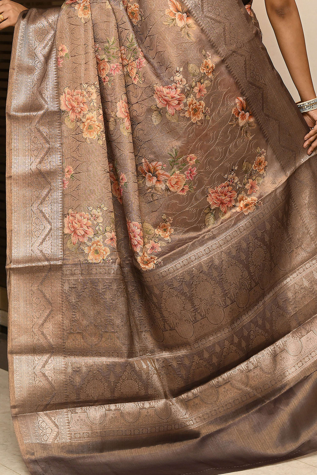 Joban Fashion Cofee Brown Saree Tissue Digital With Embroidery | Grocsy