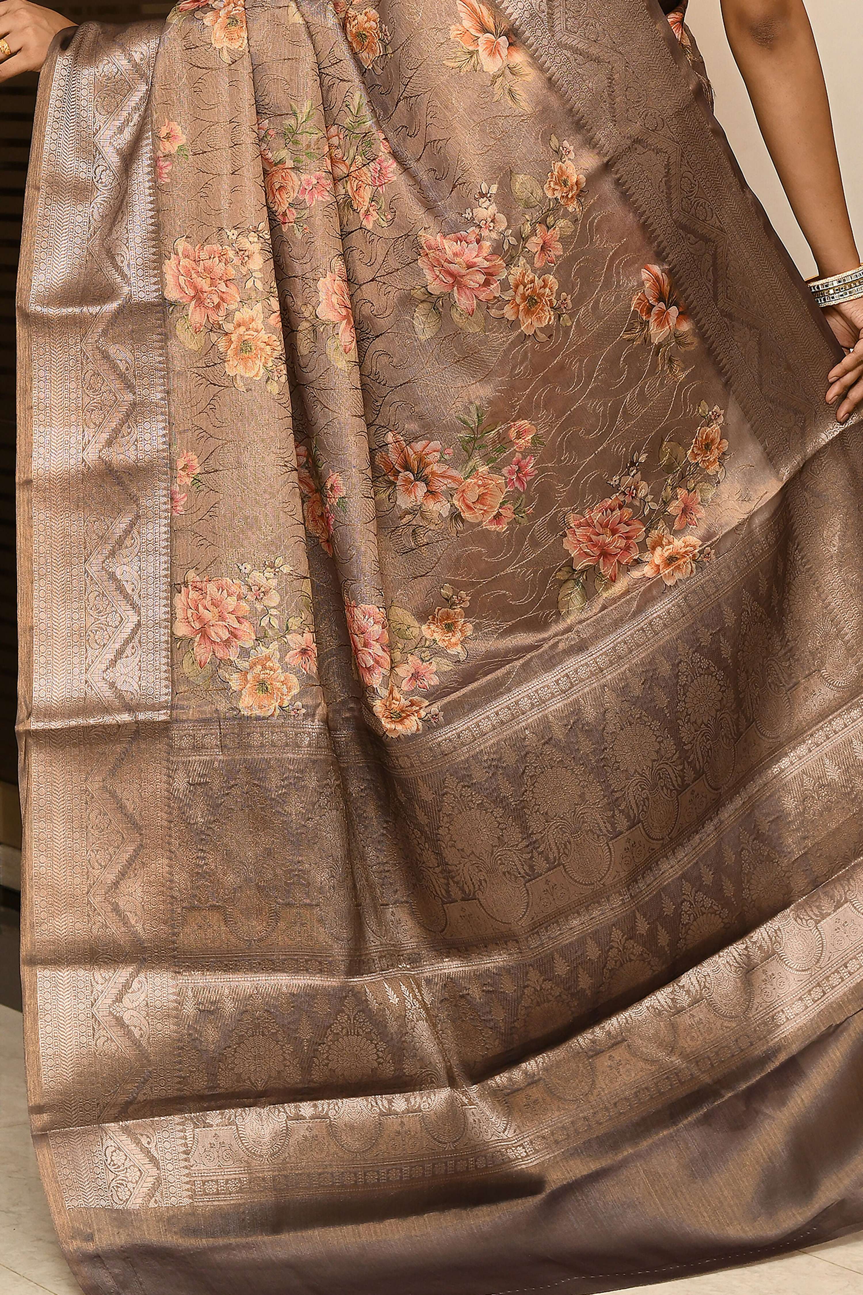 Joban Fashion Cofee Brown Saree Tissue Digital With Embroidery | Grocsy