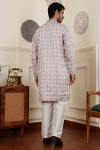 Cream Viscose Woven Jacquard Work Men's Rajwadi Kurta Set - Mahotsav | Grocsy