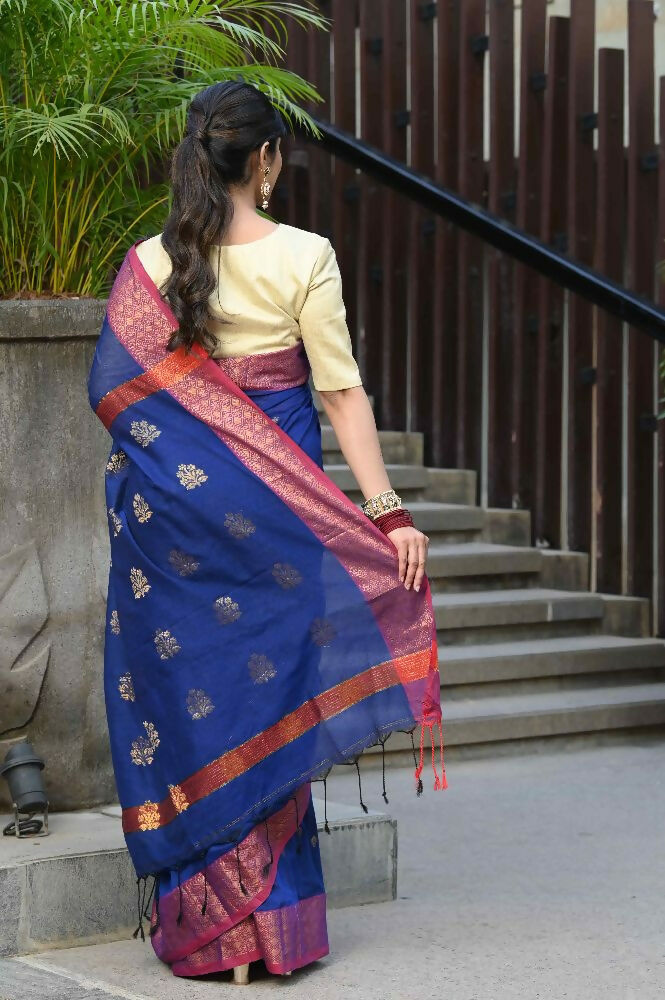 Beatitude Blue Cotton Banarasi Saree | Grocsy
