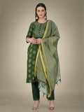 Jyoti Fashion Women's Dark Green Cotton Magic Slub Embroidery & Sequence work Kurta with Trouser & Dupatta | Grocsy