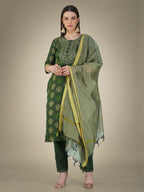 Jyoti Fashion Women's Dark Green Cotton Magic Slub Embroidery & Sequence work Kurta with Trouser & Dupatta | Grocsy