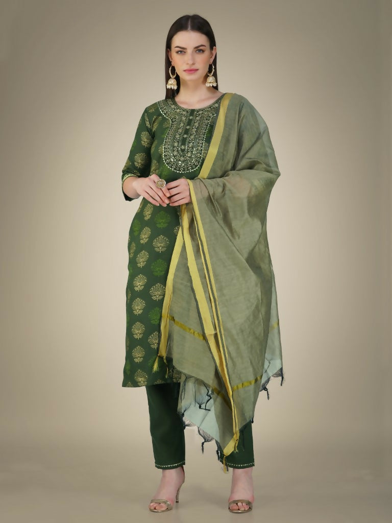 Jyoti Fashion Women's Dark Green Cotton Magic Slub Embroidery & Sequence work Kurta with Trouser & Dupatta | Grocsy