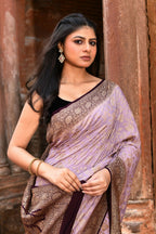 Joban Fashion Nude Pink Crepe Chiffon Pure Handloom Banarasi Silk Saree | Grocsy