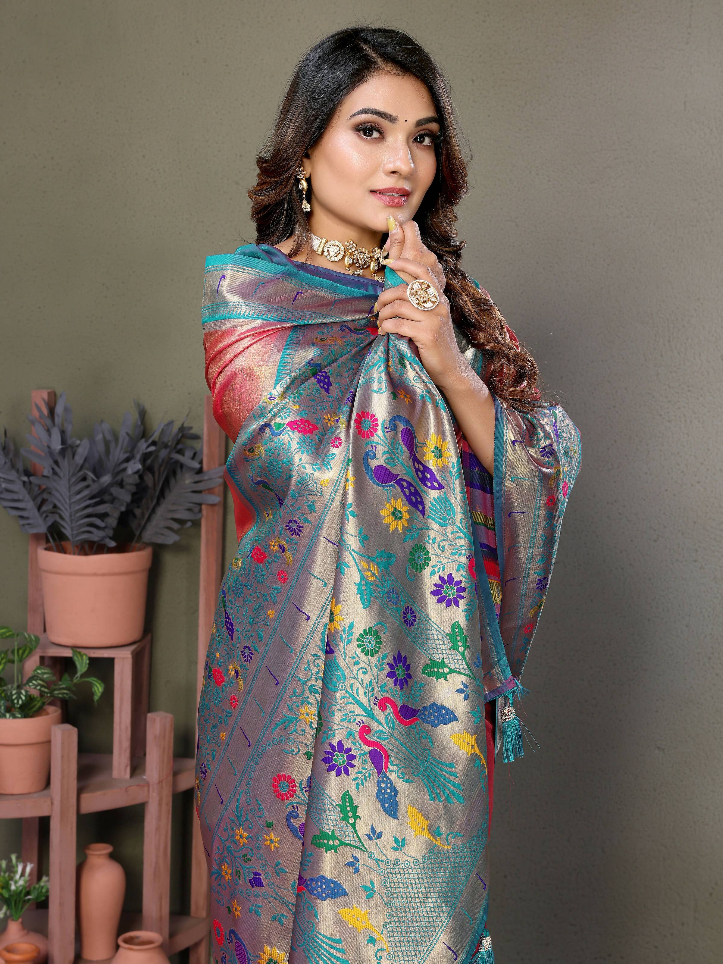 Aastha Fashion Dusty Pink Tissue Silk Paithani Woven Saree | Grocsy