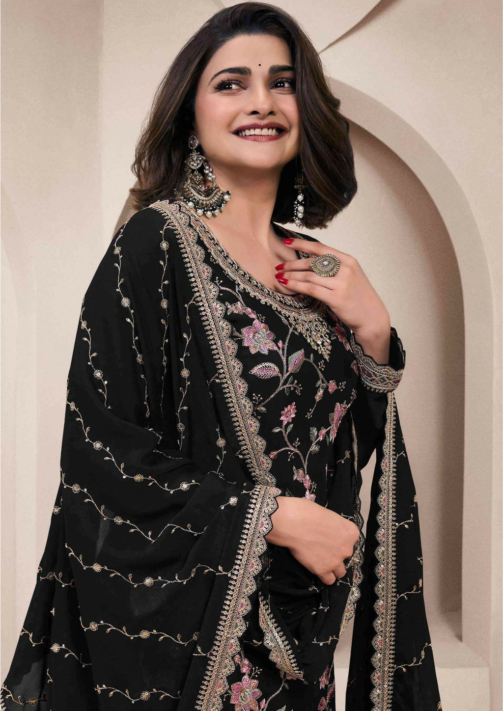 Anaita Black Heavy Chinon With Embroidery Sharara Suit (bottom Stitched) | Grocsy