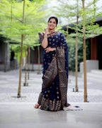 DEIANA'S Beautiful Designer Golden zari Soft Lichi Silk Saree - Navy Blue | Grocsy