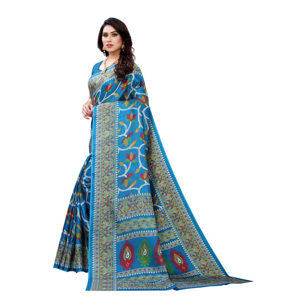 Vamika Printed Jute Silk Blue Saree (Rishika Blue) | Grocsy