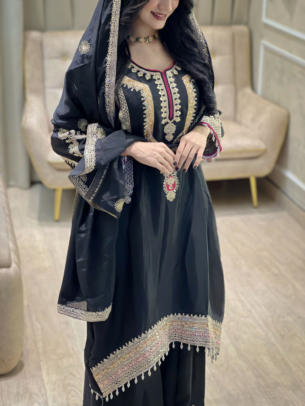 Teeya Creation Black Color Chinon Silk Party Wear Trending Palazzo Set | Grocsy