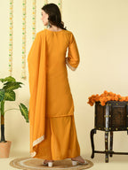 Myshka Women's Mustard Georgette Kurta & Palazzos With Dupatta Party Sets | Grocsy