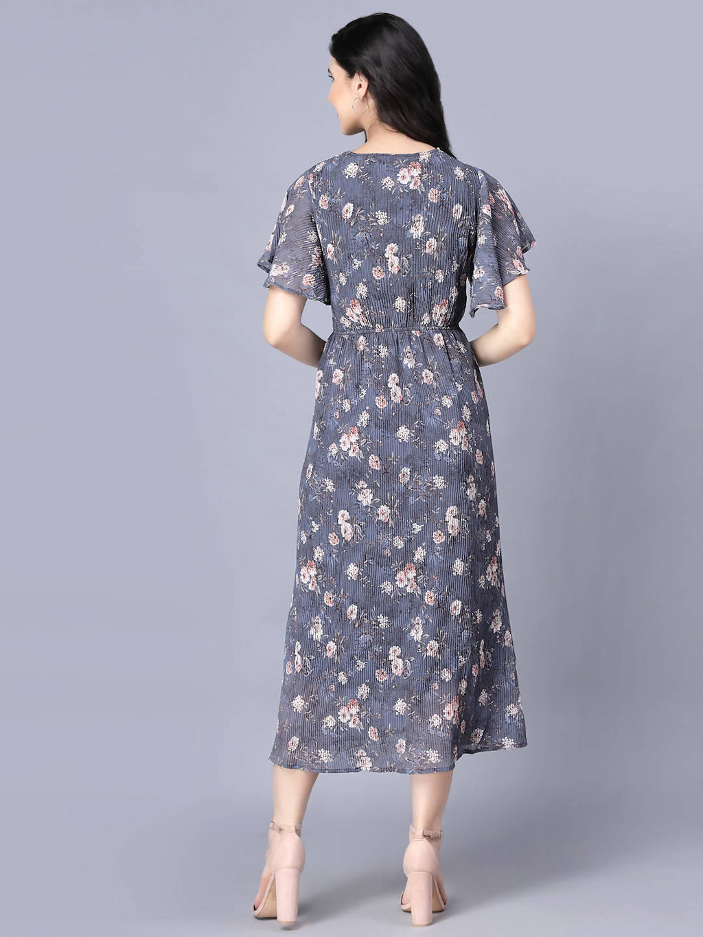 Myshka Women Grey Floral Midi Dress | Grocsy