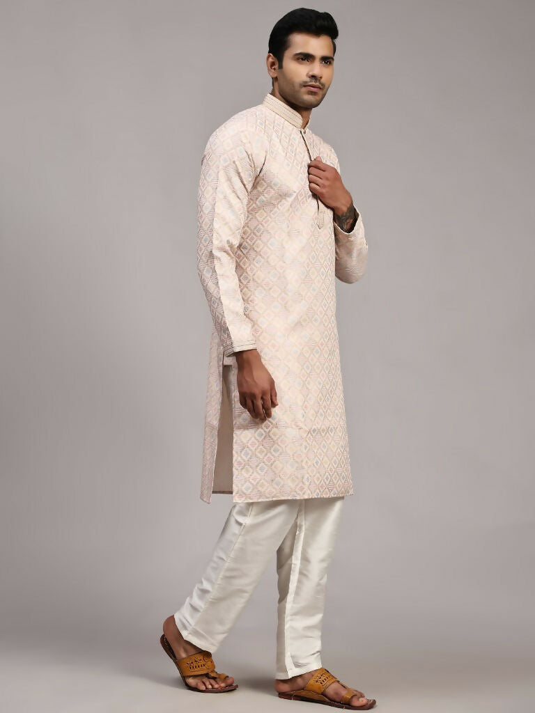 Pink Viscose Jacquard Woven Jacquard Designer Men's Rajwadi Kurta Set - Mahotsav | Grocsy